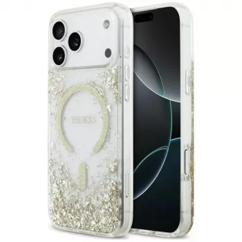 Capa Guess Resin Bottom Glitter MagSafe para iPhone 18 Pro Max / 17 Pro Max, dourado