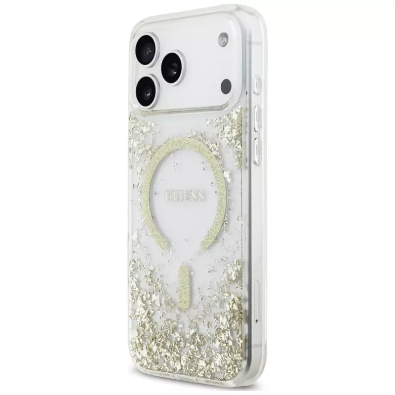 Capa Guess Resin Bottom Glitter MagSafe para iPhone 18 Pro Max / 17 Pro Max, dourado