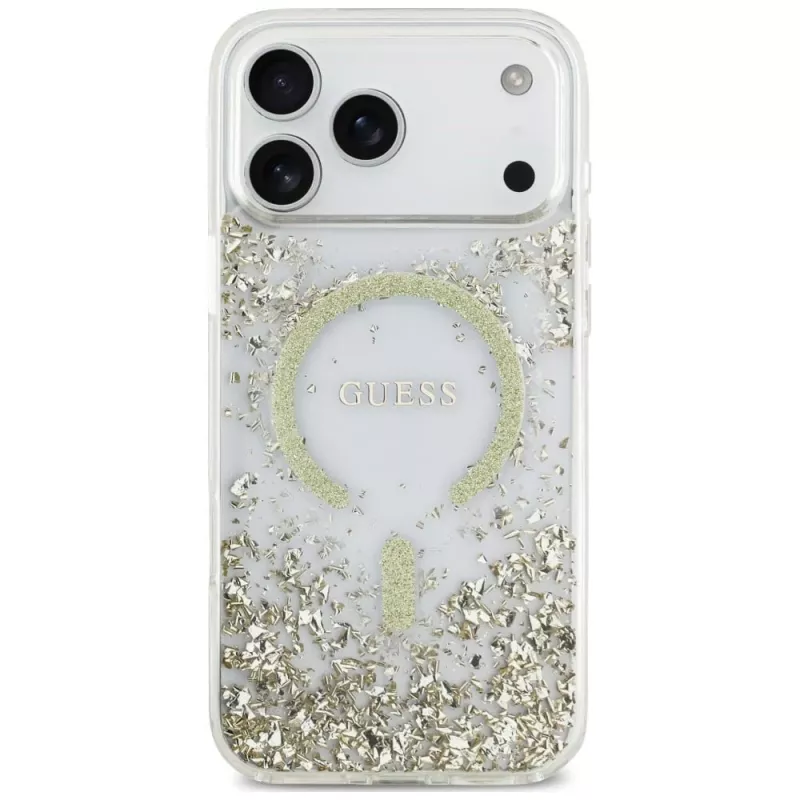Capa Guess Resin Bottom Glitter MagSafe para iPhone 18 Pro Max / 17 Pro Max, dourado
