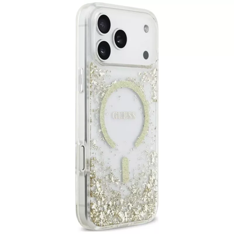 Capa Guess Resin Bottom Glitter MagSafe para iPhone 18 Pro Max / 17 Pro Max, dourado