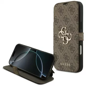 Capa tipo carteira Guess Book 4G Metal Logo para iPhone 18 Pro Max / 17 Pro Max - castanho