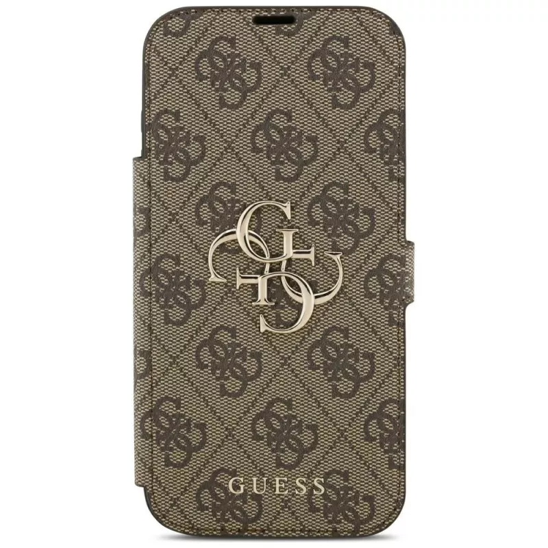 Capa tipo carteira Guess Book 4G Metal Logo para iPhone 18 Pro Max / 17 Pro Max - castanho
