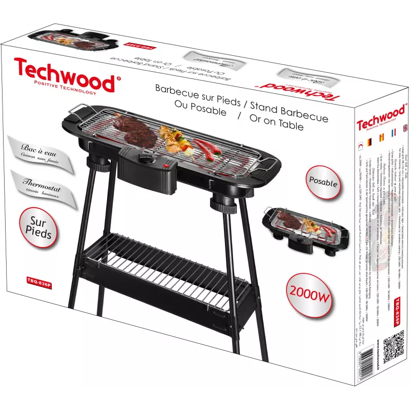 Techwood TBQ-836P grelhador elétrico com tripé, 2000W, grelhador cromado de 36,5 cm, preto