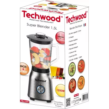 Batedeira de mesa Techwood TBLI-1250 1200 W 1,5 L jarro de vidro preto/prateado
