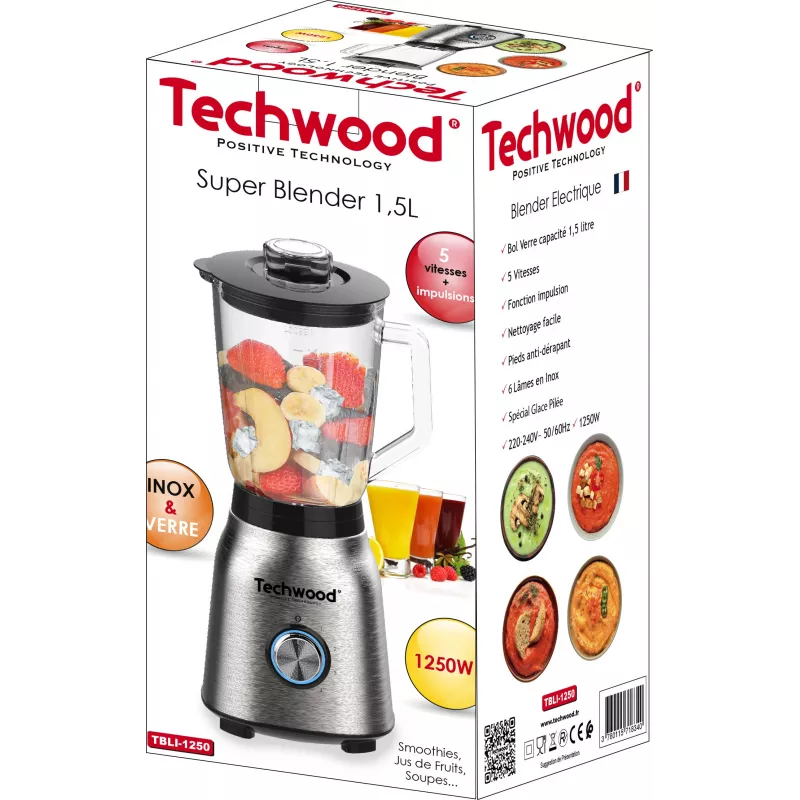 Batedeira de mesa Techwood TBLI-1250 1200 W 1,5 L jarro de vidro preto/prateado