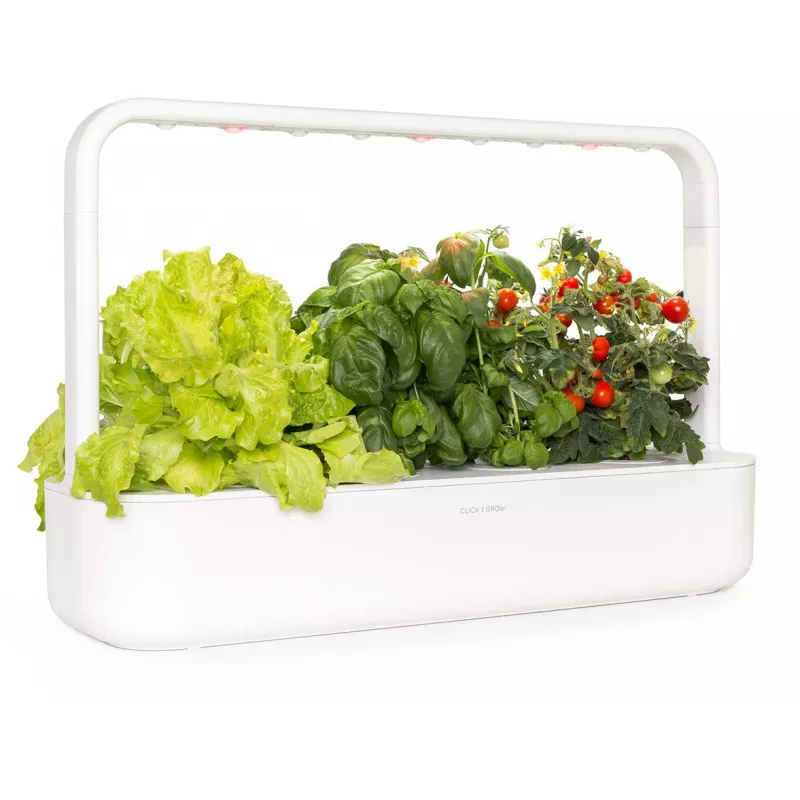 Click & Grow Smart Garden 9 horta interior de ervas e legumes com lâmpadas LED de crescimento, autorrega, 9 cápsulas de plantas, branco