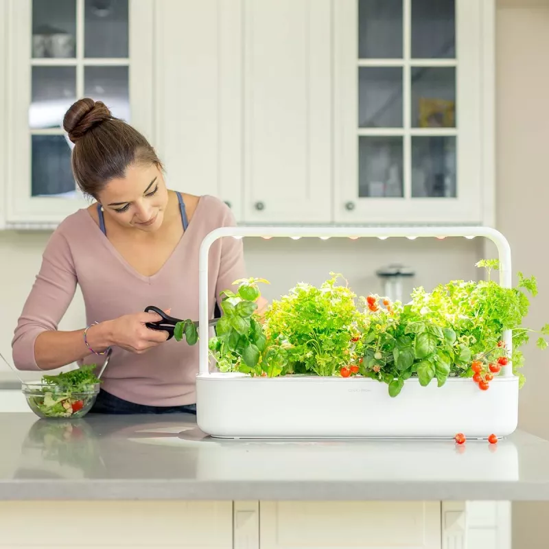 Click & Grow Smart Garden 9 horta interior de ervas e legumes com lâmpadas LED de crescimento, autorrega, 9 cápsulas de plantas, branco
