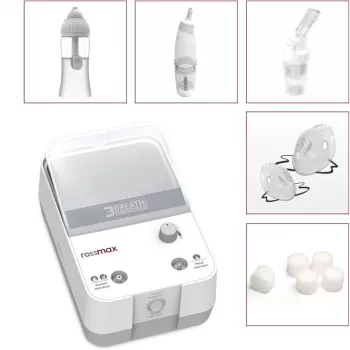 Rossmax NK1000 nebulizador 3-em-1 com compressor de pistão com irrigação nasal e aspirador, tamanho de partícula 2,5 μm, dose de partículas finas >80 %, taxa de nebulização 0,35 ml/min, copo de medicamento 5 ml, capacidade de irrigação nasal 10 ml, ruído <60 dB, funcionamento contínuo, adultos e crianças
