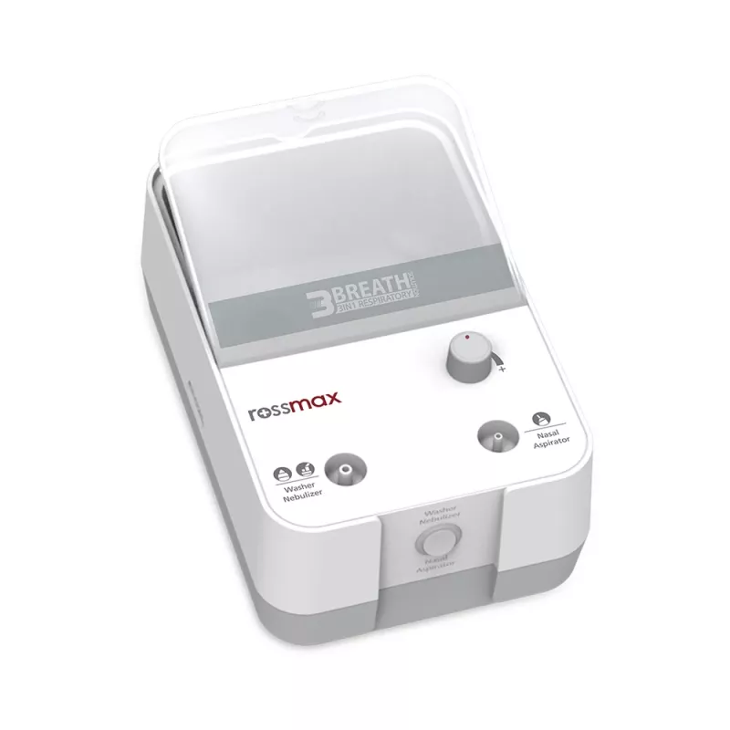 Rossmax NK1000 nebulizador 3-em-1 com compressor de pistão com irrigação nasal e aspirador, tamanho de partícula 2,5 μm, dose de partículas finas >80 %, taxa de nebulização 0,35 ml/min, copo de medicamento 5 ml, capacidade de irrigação nasal 10 ml, ruído <60 dB, funcionamento contínuo, adultos e crianças