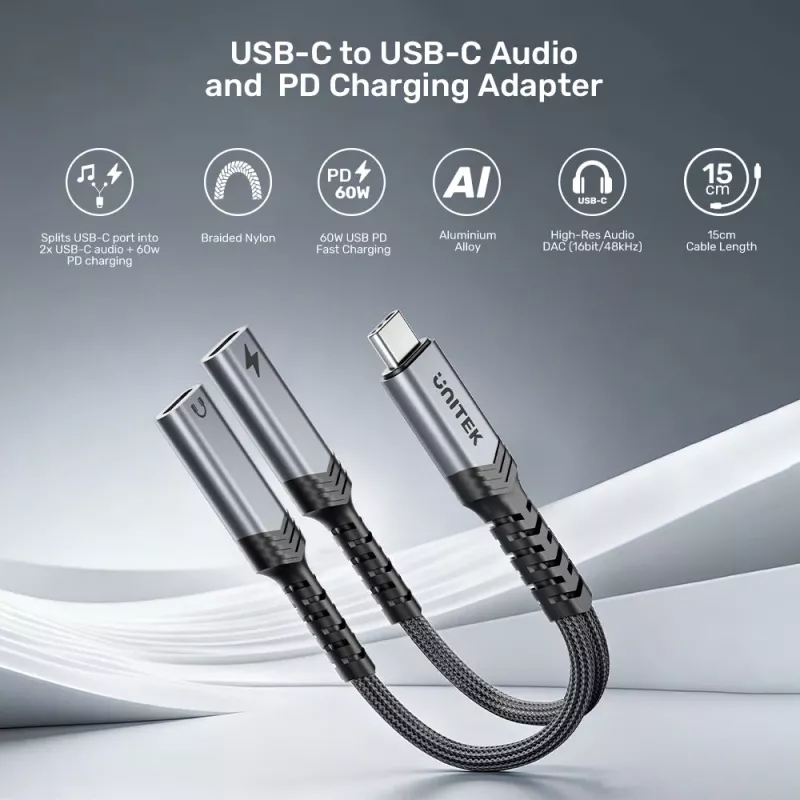 Unitek adaptador de áudio e carregamento USB-C com Power Delivery 60W, 15 cm, Space Grey