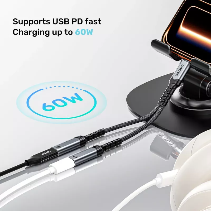 Unitek adaptador de áudio e carregamento USB-C com Power Delivery 60W, 15 cm, Space Grey