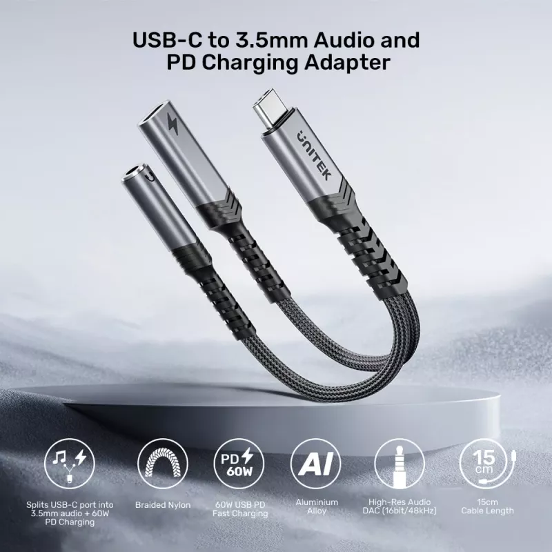 UNITEK Adaptador de áudio de USB-C para 3,5 mm com PD