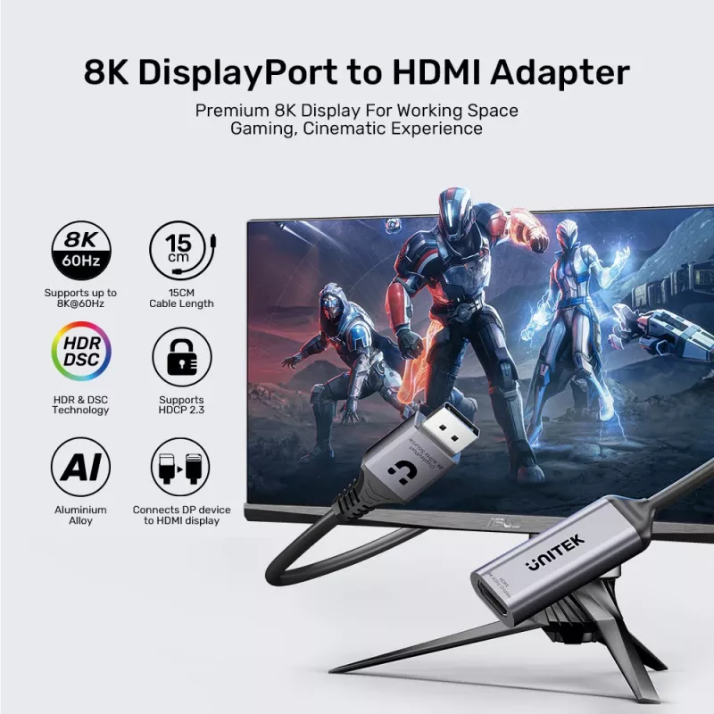 UNITEK adaptador DisplayPort para HDMI 2.1 8K@60Hz HDR 48Gbps 15cm