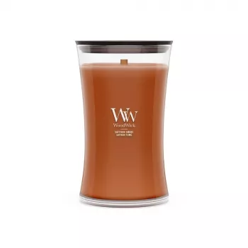 WoodWick Saffron Smoke vela grande em vidro ampulheta 609,5g