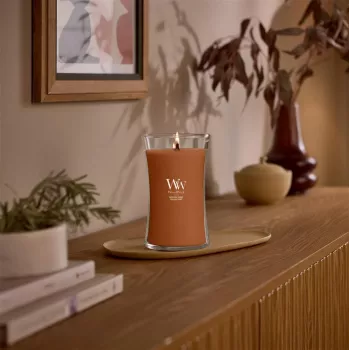 WoodWick Saffron Smoke vela grande em vidro ampulheta 609,5g