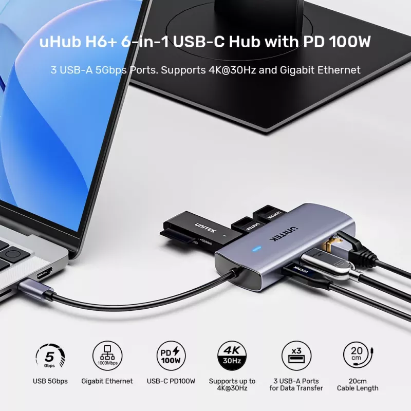 UNITEK USB-C hub multiporta 6-em-1 | 3x USB-A 5Gbps | PD 100W | HDMI 4K@30Hz | RJ45 Gigabit Ethernet | Space Grey