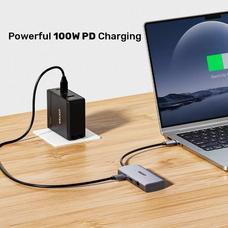 UNITEK USB-C hub multiporta 6-em-1 | 3x USB-A 5Gbps | PD 100W | HDMI 4K@30Hz | RJ45 Gigabit Ethernet | Space Grey
