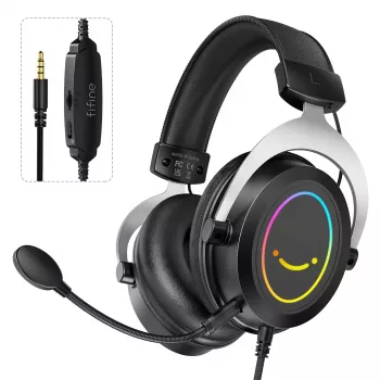 FIFINE H3 AmpliGame Headset Gaming Over-Ear com fios, microfone removível, drivers de 50 mm, USB-A, Preto