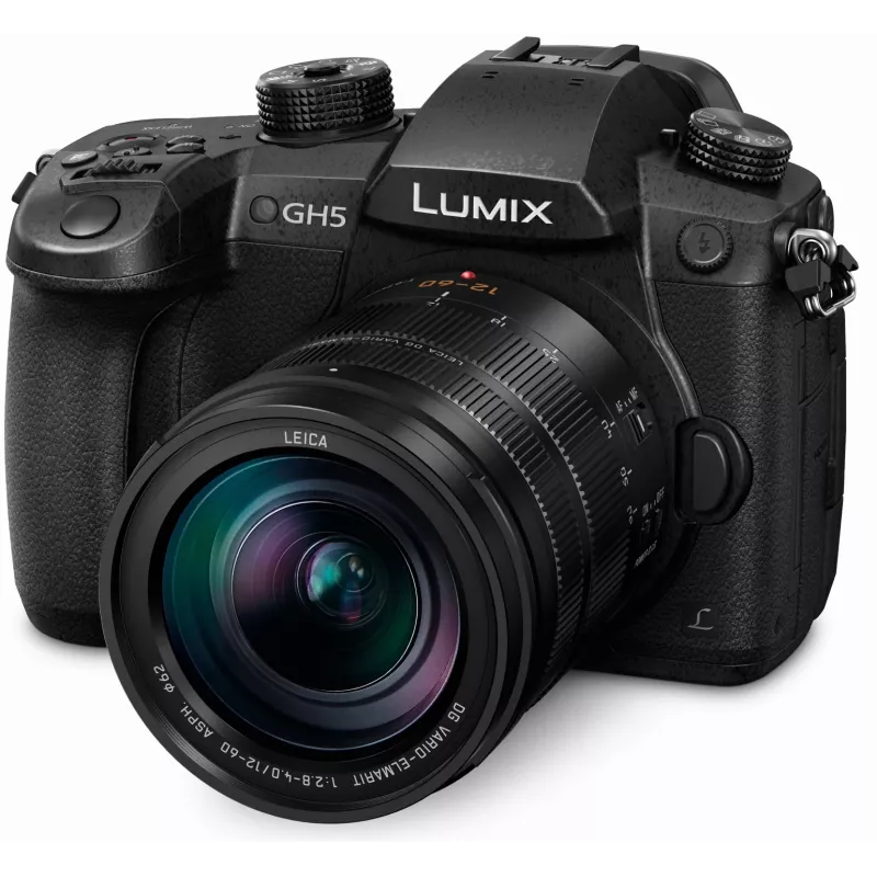 Câmara de sistema Panasonic Lumix DC-GH5LEG-K com objetiva Leica DG Vario-Elmarit 12-60mm f/2.8-4 ASPH. POWER O.I.S., 20,3MP Micro Four Thirds, vídeo 4K 60p, Dual I.S. 2 de 5 eixos, Wi-Fi/Bluetooth, resistente a salpicos e ao frio, preto