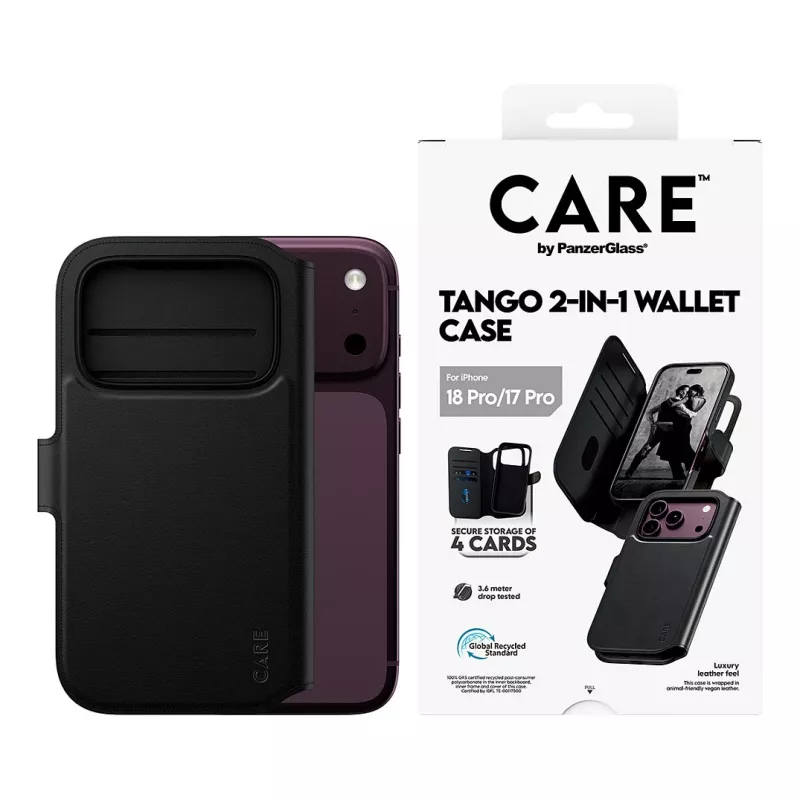 Carteira 2 em 1 com suporte CARE™ by PanzerGlass® Tango preta com MagSafe para iPhone 18 Pro / 17 Pro