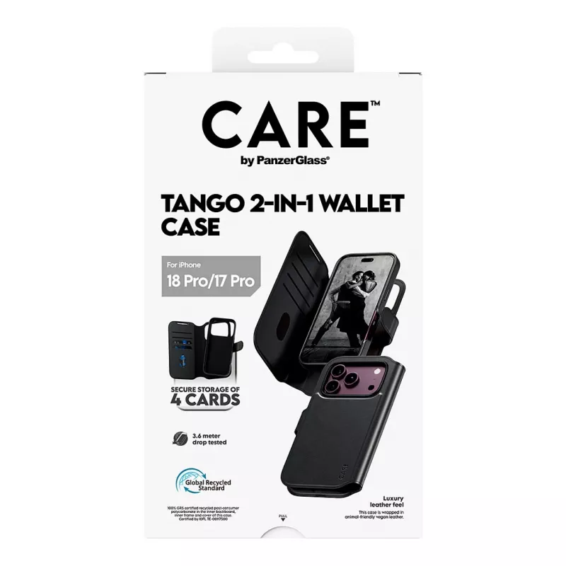 Carteira 2 em 1 com suporte CARE™ by PanzerGlass® Tango preta com MagSafe para iPhone 18 Pro / 17 Pro