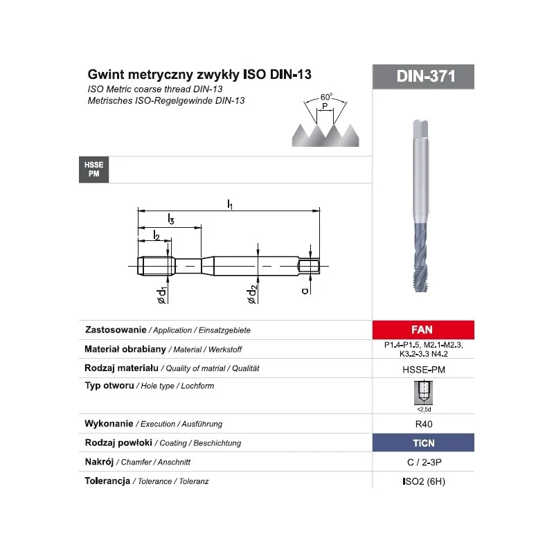 Macho de roscar M10 DIN-371C R40 (6H) HSSE-PM TiCN FAN macho de roscar à máquina