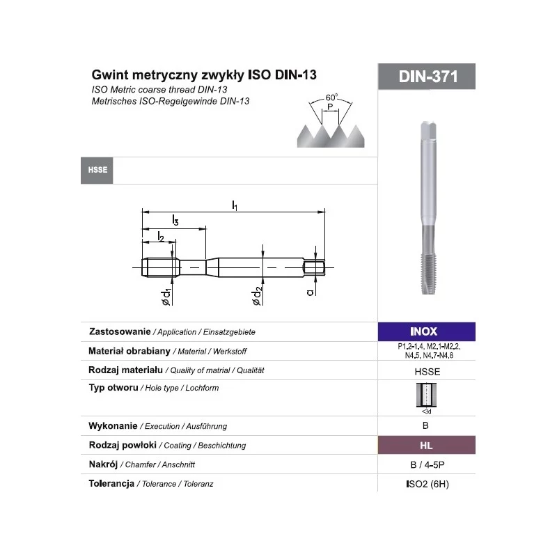 Macho de roscar à máquina M10 DIN 371B 6H HSSE-PM HL INOX para aço inoxidável
