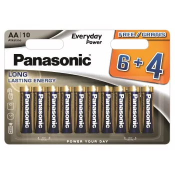 Panasonic Everyday Power pilhas alcalinas AA LR6 pack de 10 (6+4 grátis) - 1,5V, 10 anos de validade, Triple Tough Coating