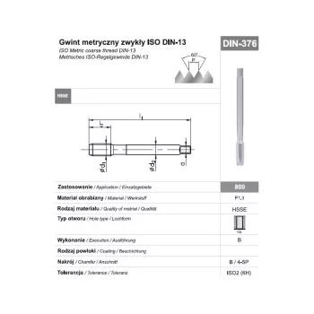 Macho de roscar à máquina M16 DIN 376B (6H) HSSE 800 para furos passantes