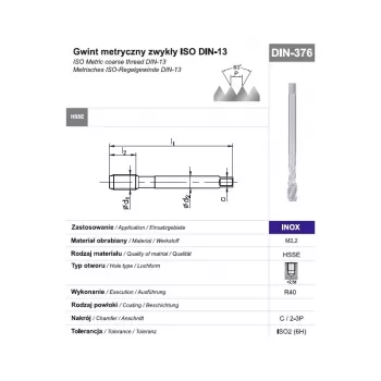 Macho de roscar à máquina M12 DIN 376 C 6H HSSE-Co5 para aço inoxidável
