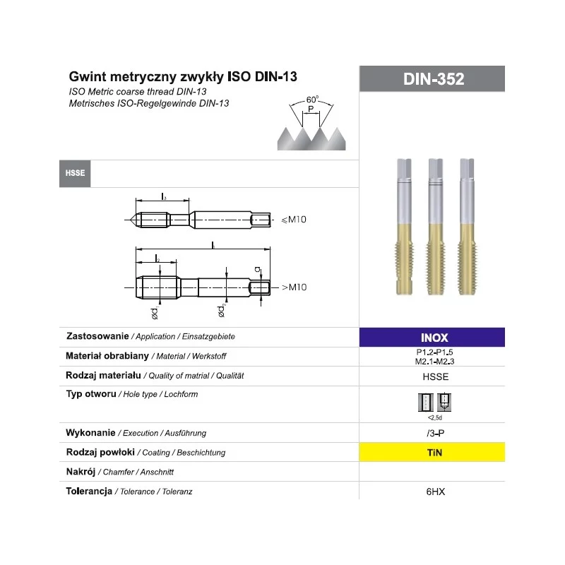 Conjunto de machos manuais M5, 3 peças, HSSE revestido a TiN, DIN 352, 6HX, para aço inoxidável