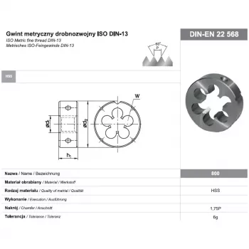 Cossinete redondo de roscar M16x1 DIN-22568 (6g) HSS 800