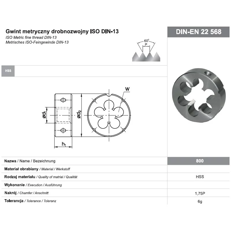 Cossinete redondo de roscar M16x1 DIN-22568 (6g) HSS 800