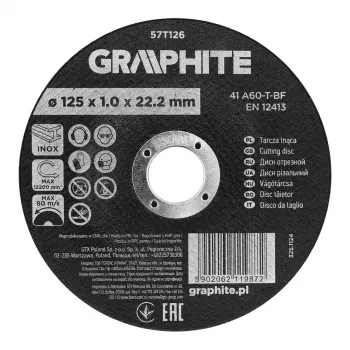 Disco de corte de corindo GRAPHITE 125 x 1,0 x 22,2 mm para metal e aço inoxidável, 41 A60-T-BF, 110 unidades em caixa