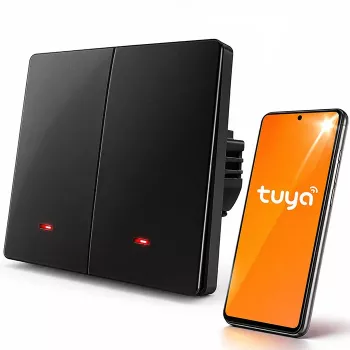 Interruptor de luz Smart Wi-Fi de 2 canais Qoltec 52708 com temporizador, Tuya Smart Life, preto