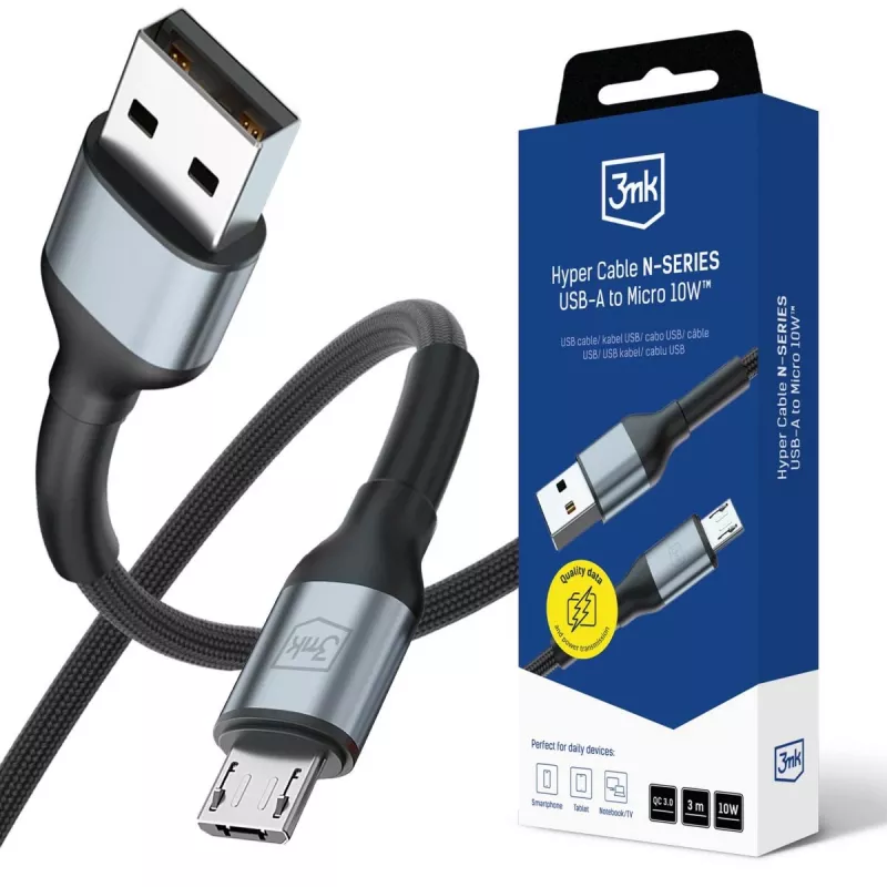 3mk Hyper Cable N-SERIES USB-A para Micro 3m QC 3.0 5V/2A 10W preto