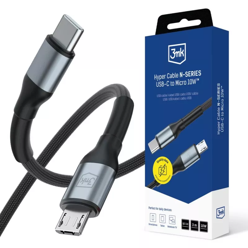 3mk Hyper Cable N-SERIES USB-C para Micro-USB 3m QC 3.0 10W preto