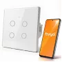 Interruptor de luz Wi-Fi inteligente Qoltec 52718 Smart Touch de 4 canais com temporizador, Tuya/Smart Life, vidro temperado, branco