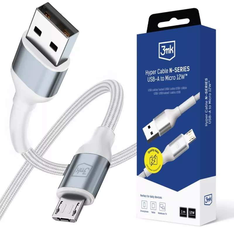 Cabo 3mk Hyper N-SERIES USB-A para Micro 1m 5V/2,4A 12W branco