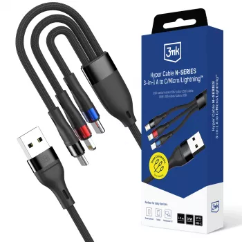Cabo 3mk Hyper N-SERIES 3-em-1 USB-A para USB-C/Lightning/MicroUSB 1,2m 9V/2A 18W preto