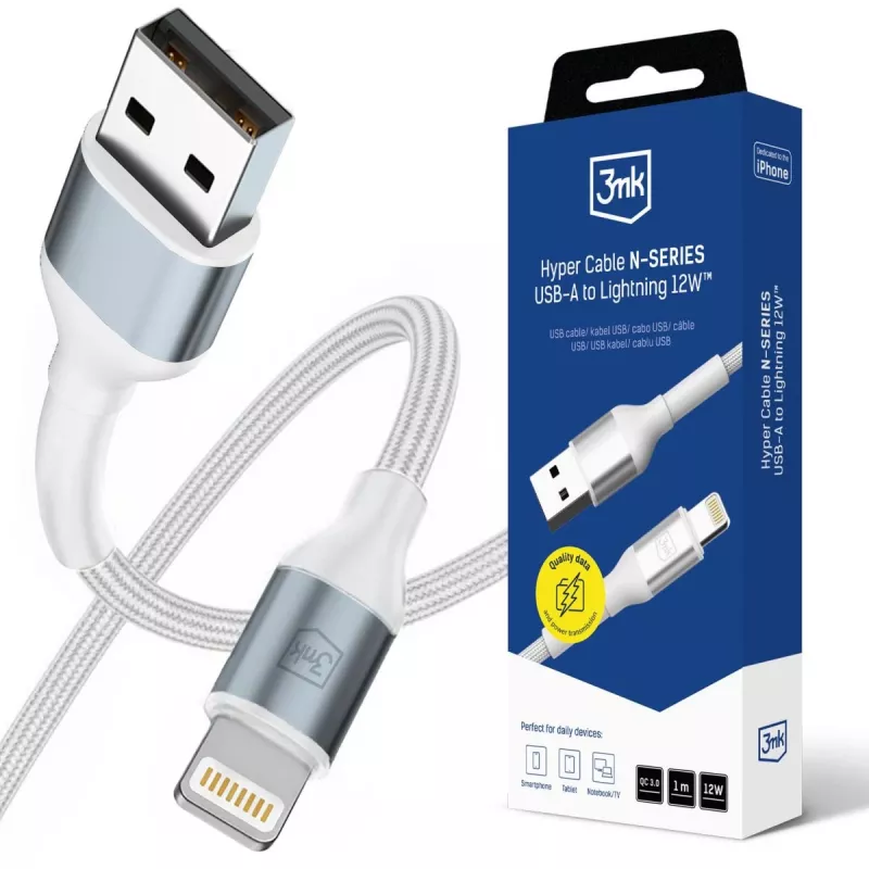Cabo 3mk Hyper N-SERIES USB-A para Lightning 1m QC 3.0 5V/2.4A 12W branco