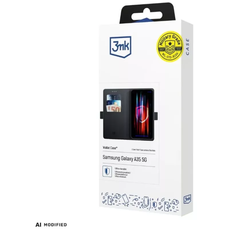 3mk Wallet Case para Samsung Galaxy A37 - pele PU preta com compartimentos para cartões, porta-notas, fecho magnético e função de suporte