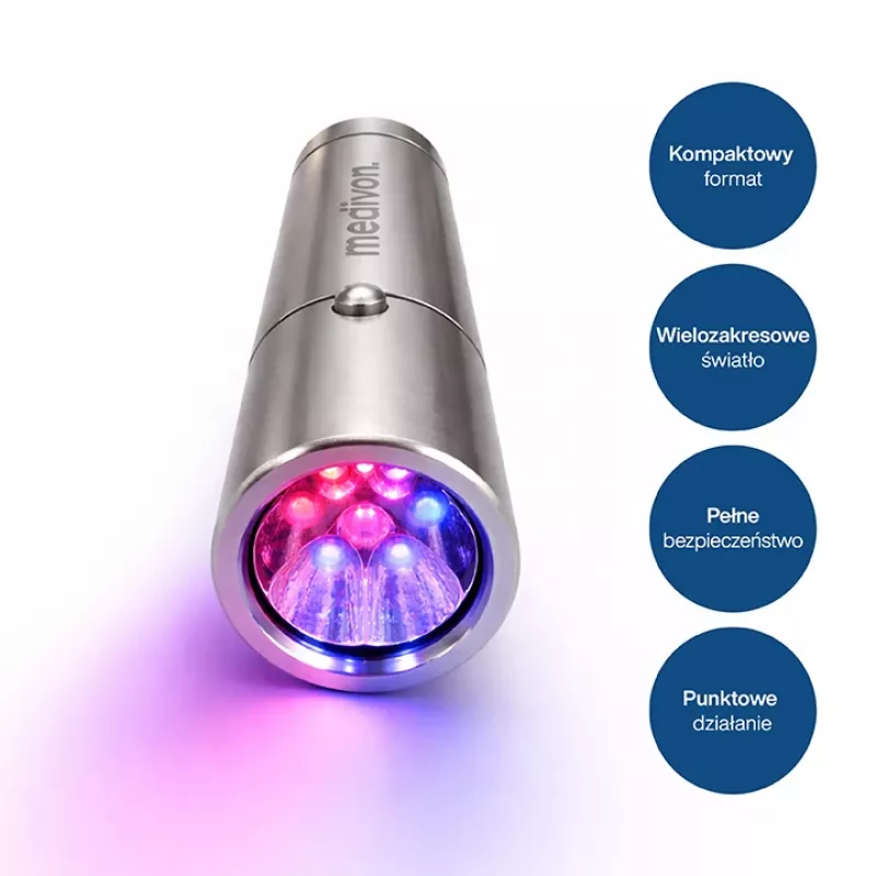 MEDIVON Lumix lâmpada compacta de fototerapia LED, 5 comprimentos de onda 460–900 nm, temporizador de 5 minutos, bateria de iões de lítio, prateado