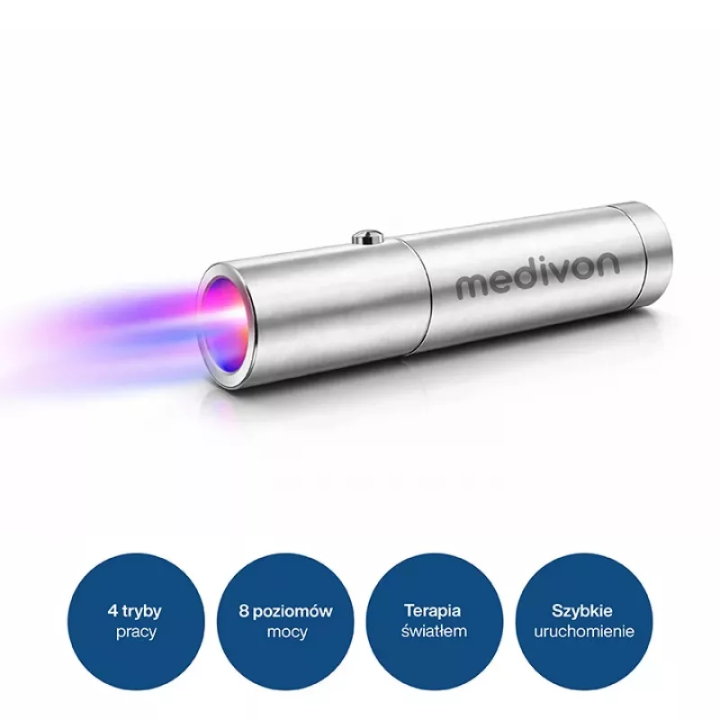 MEDIVON Lumix lâmpada compacta de fototerapia LED, 5 comprimentos de onda 460–900 nm, temporizador de 5 minutos, bateria de iões de lítio, prateado