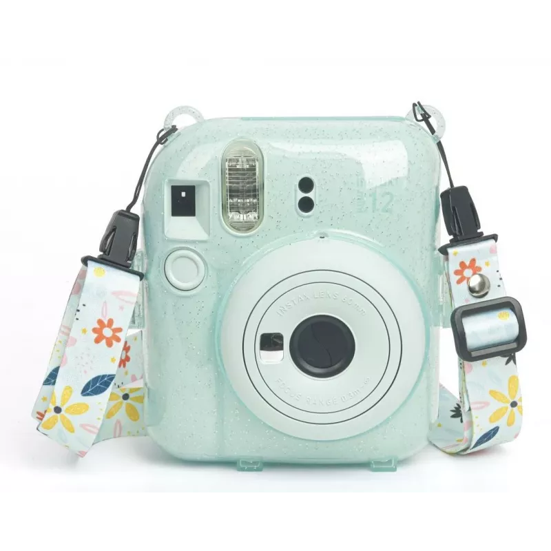 LOVEINSTANT Capa para Fujifilm Instax Mini 12 com Autocolantes e Bolsa de Fotos - Verde Brilhante
