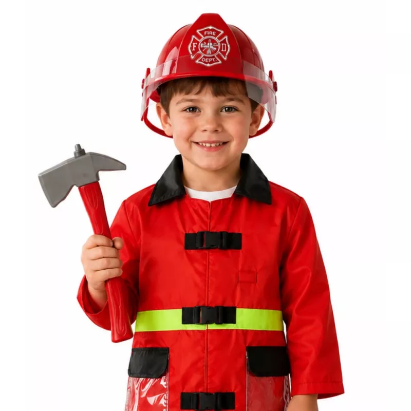 LEAN TOYS Conjunto de bombeiro 158 com capacete, extintor, pé de cabra – vermelho, tamanho único, idade 3-8