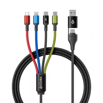 Accura cabo de carregamento múltiplo 8-em-1 USB-A/USB-C para 2x USB-C, Lightning, Micro USB, 3,0A, 1,2m, preto