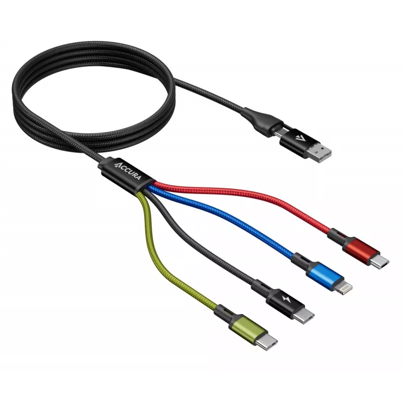 Accura cabo de carregamento múltiplo 8-em-1 USB-A/USB-C para 2x USB-C, Lightning, Micro USB, 3,0A, 1,2m, preto