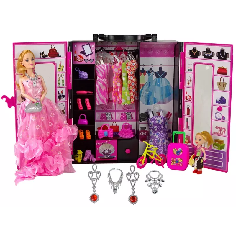 LEAN TOYS boneca com guarda-roupa quarto de vestir para bonecas em mala Beauty-Girl