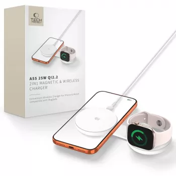 TECH-PROTECT A55 Carregador Magnético MagSafe 2 em 1 25W Qi2.2 Branco